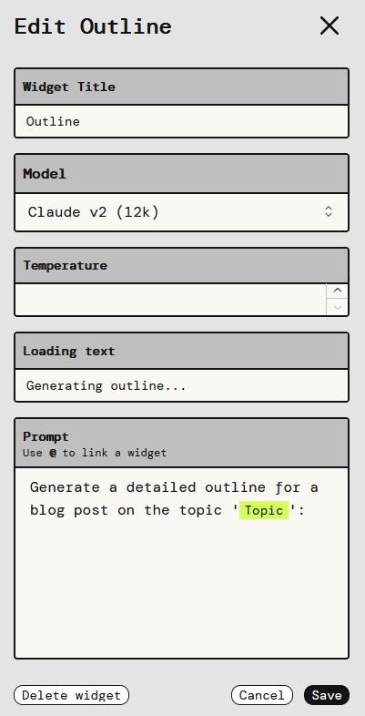 A panel of boxes with Widget Title, Model, Temperature, Loading Text, and Prompt