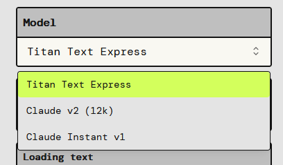 A drop down showing Titan Text Express, Claude v2 (12k), and Claude Instant v1