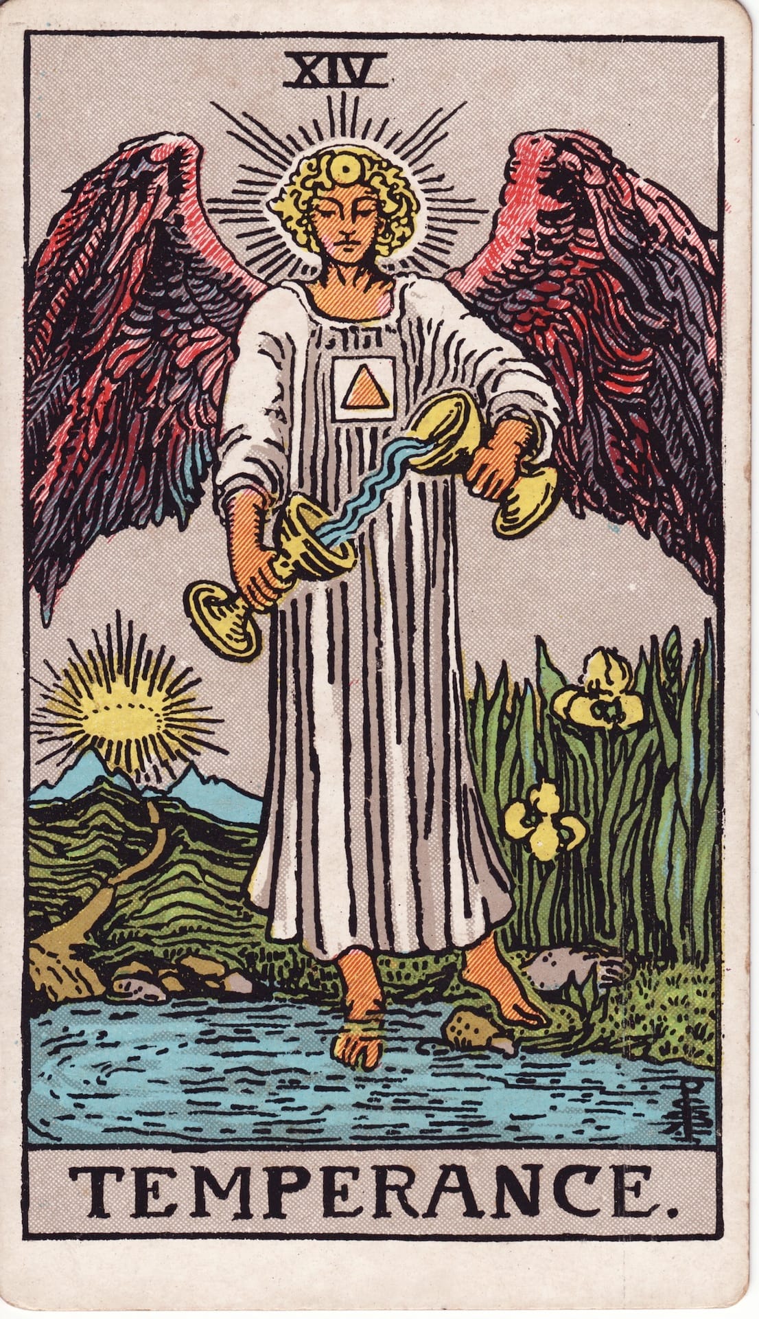 A Tarot card of an angel with red wings in a white robe pouring water from one chalice to another while flying and having one foot in a pond. The word "Temperance" is across the bottom.